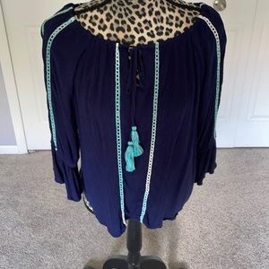 Blue rayon 3/4 bell sleeve top with tassel